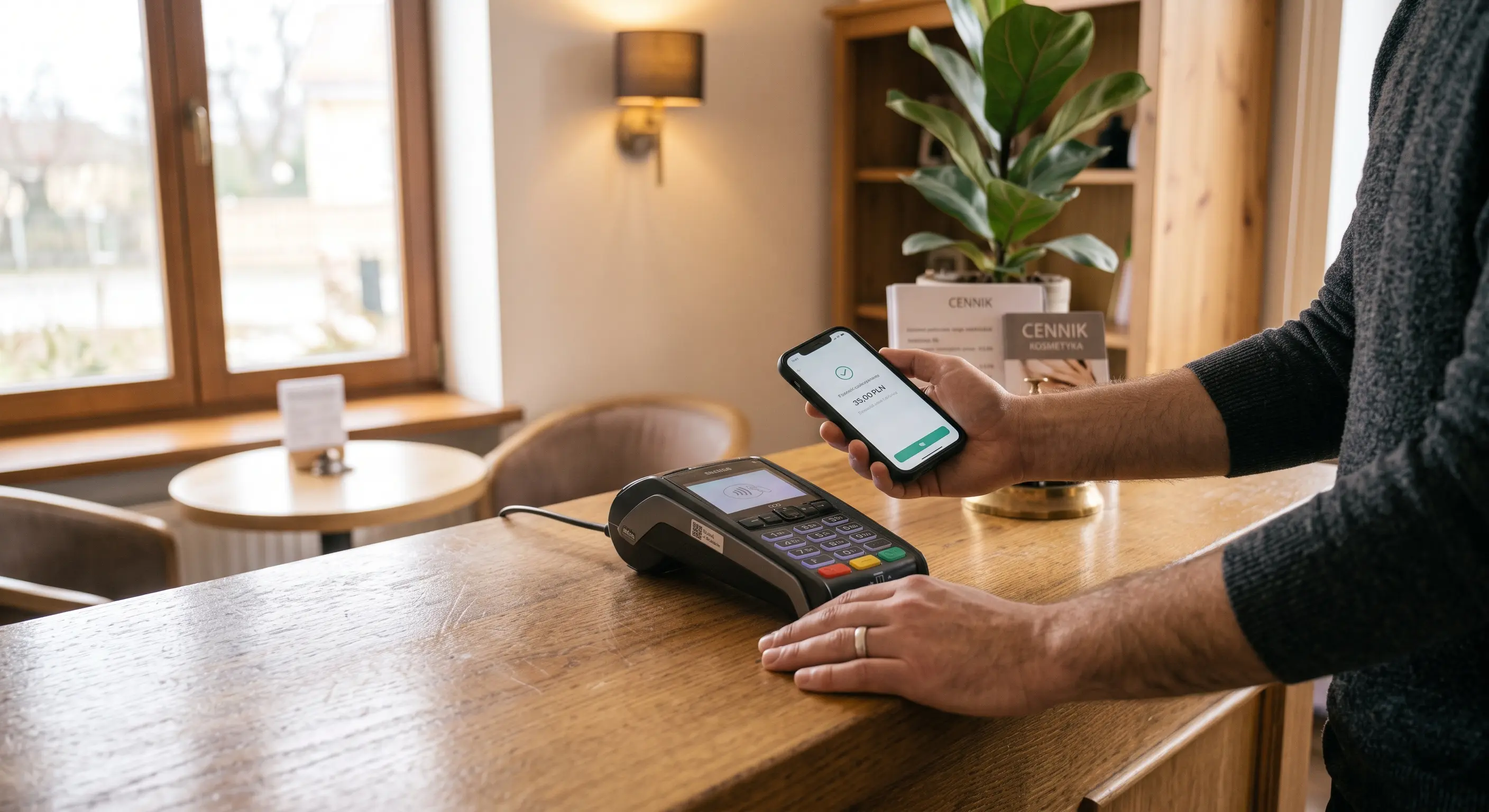 Smartfon skanujący nowoczesną czarną płytkę NFC na drewnianej ladzie recepcyjnej