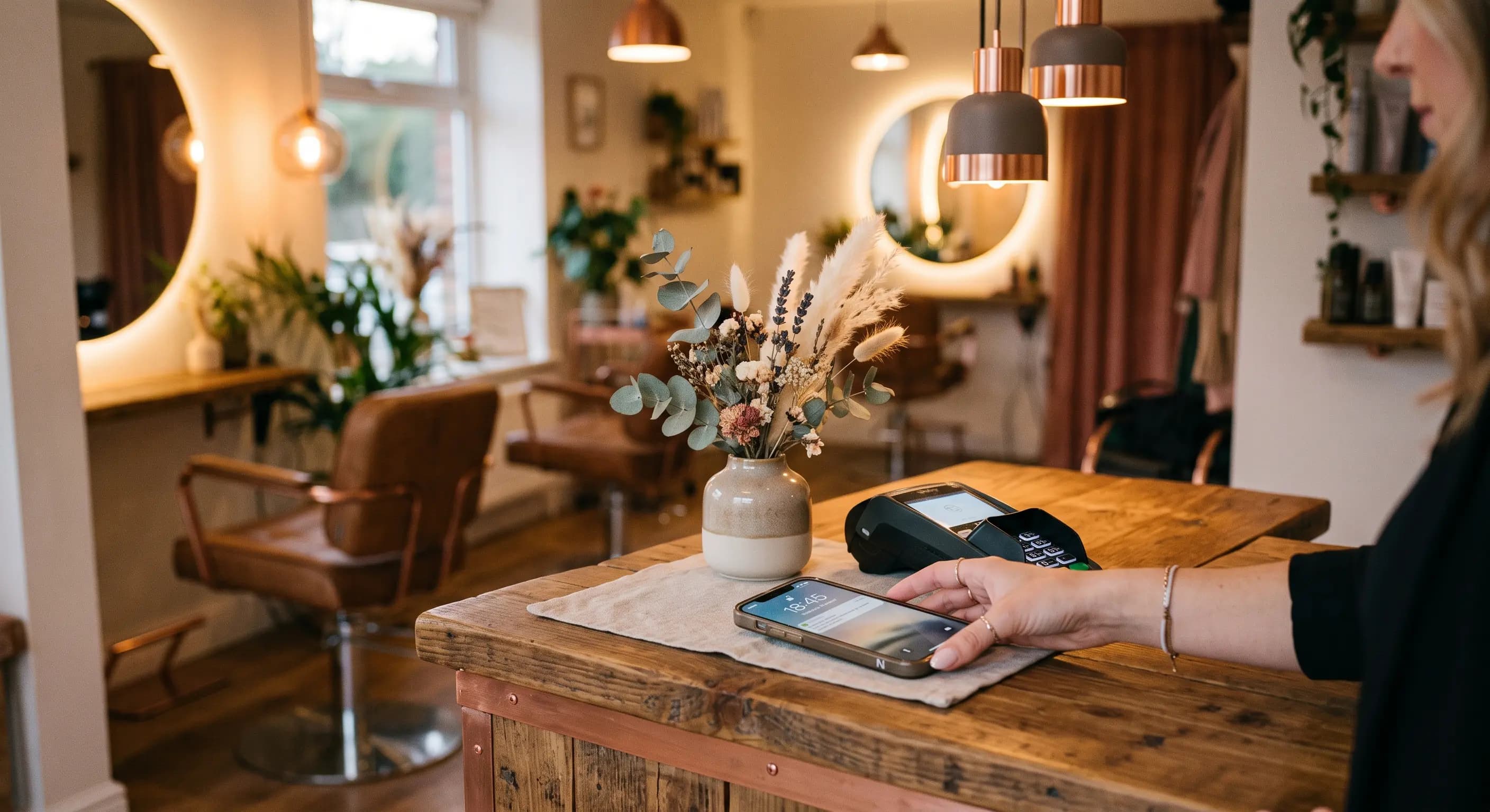 Eine Kundin am Empfang eines Friseursalons hält ihr Telefon an eine NFC-Plakette