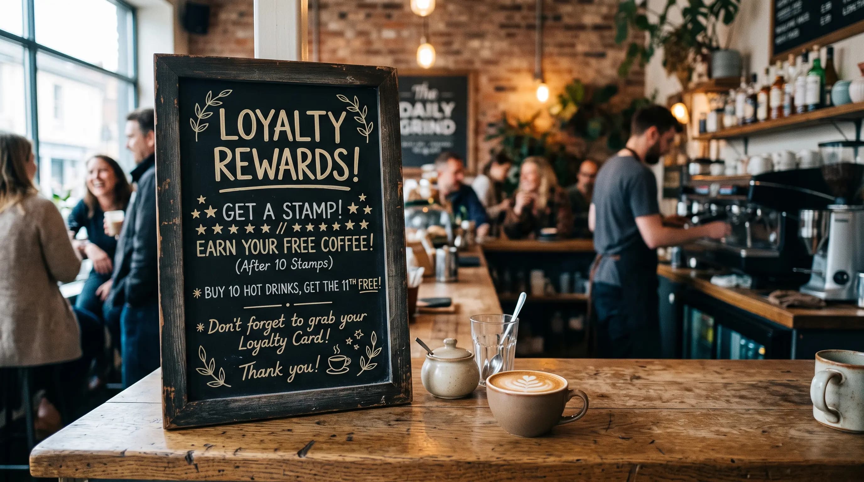 A chalkboard sign at a café counter with a handwritten loyalty reward message