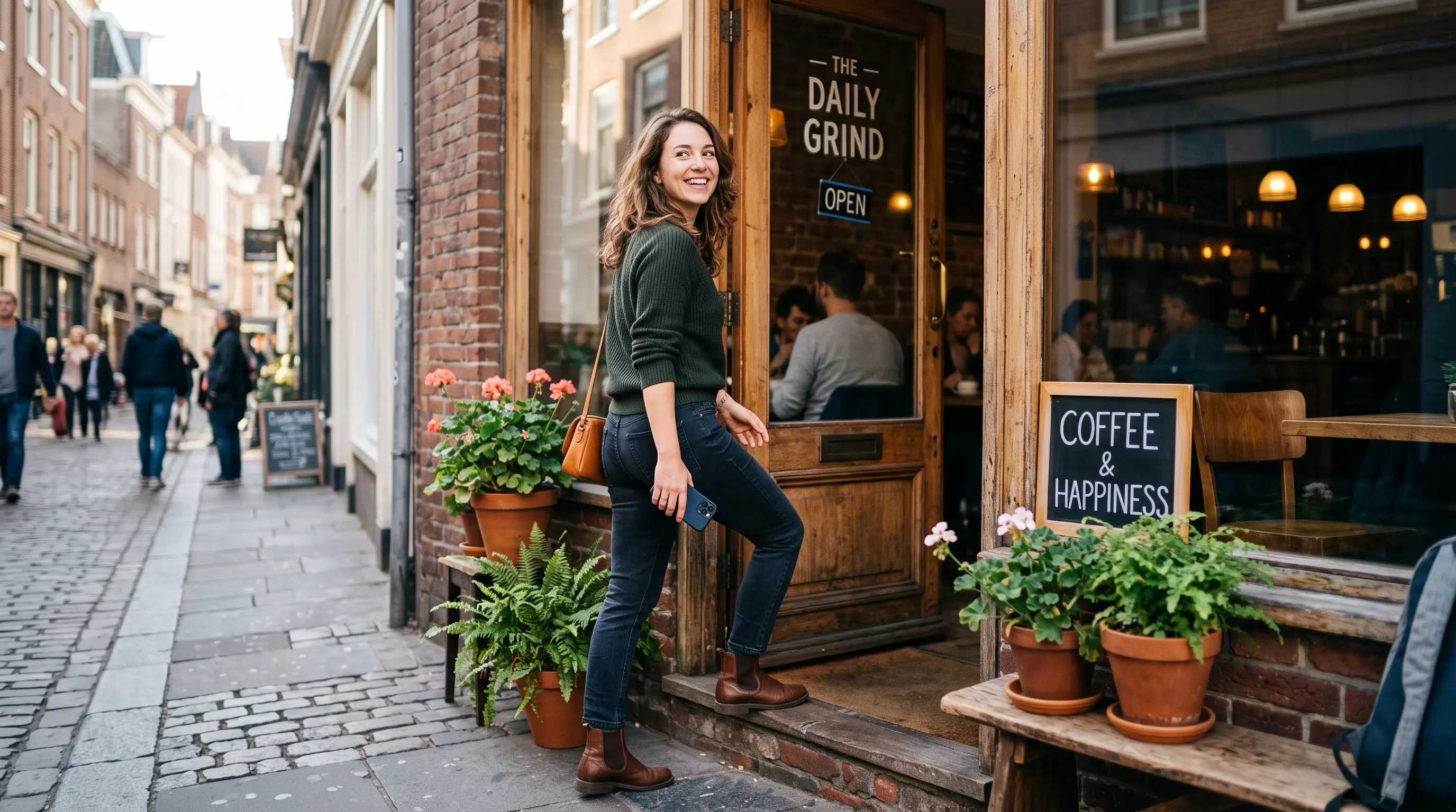 Smiling customer stepping back into a café, holding her phone loosely at her side, screen not visible