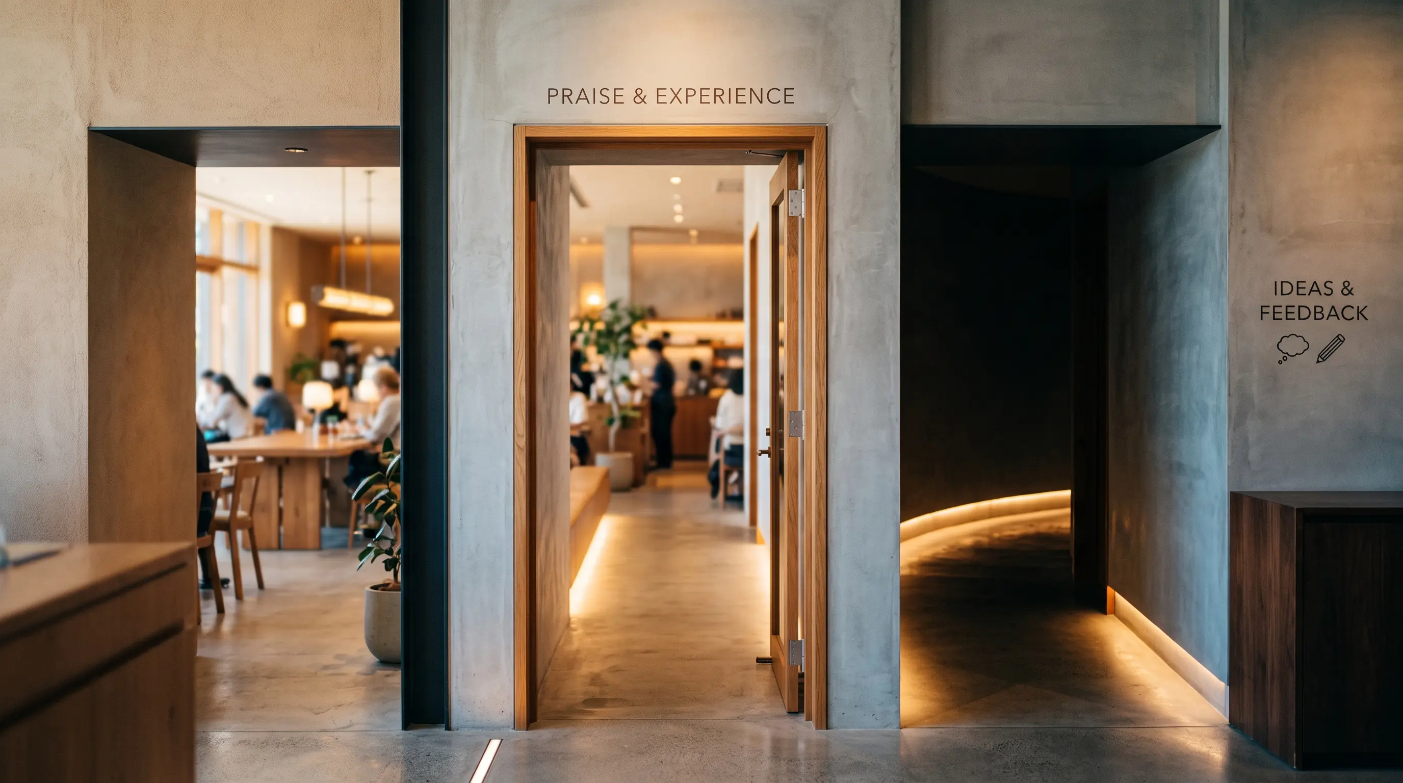 Minimalistisches Café-Interieur mit einer Weggabelung — eine offene Tür und ein Seitenkorridor symbolisieren zwei getrennte Feedback-Wege