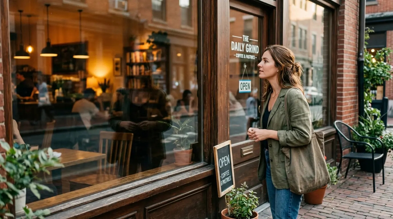 Ein potenzieller Kunde blickt nachdenklich durch das Fenster in ein gemütliches Café, bevor er sich entscheidet einzutreten