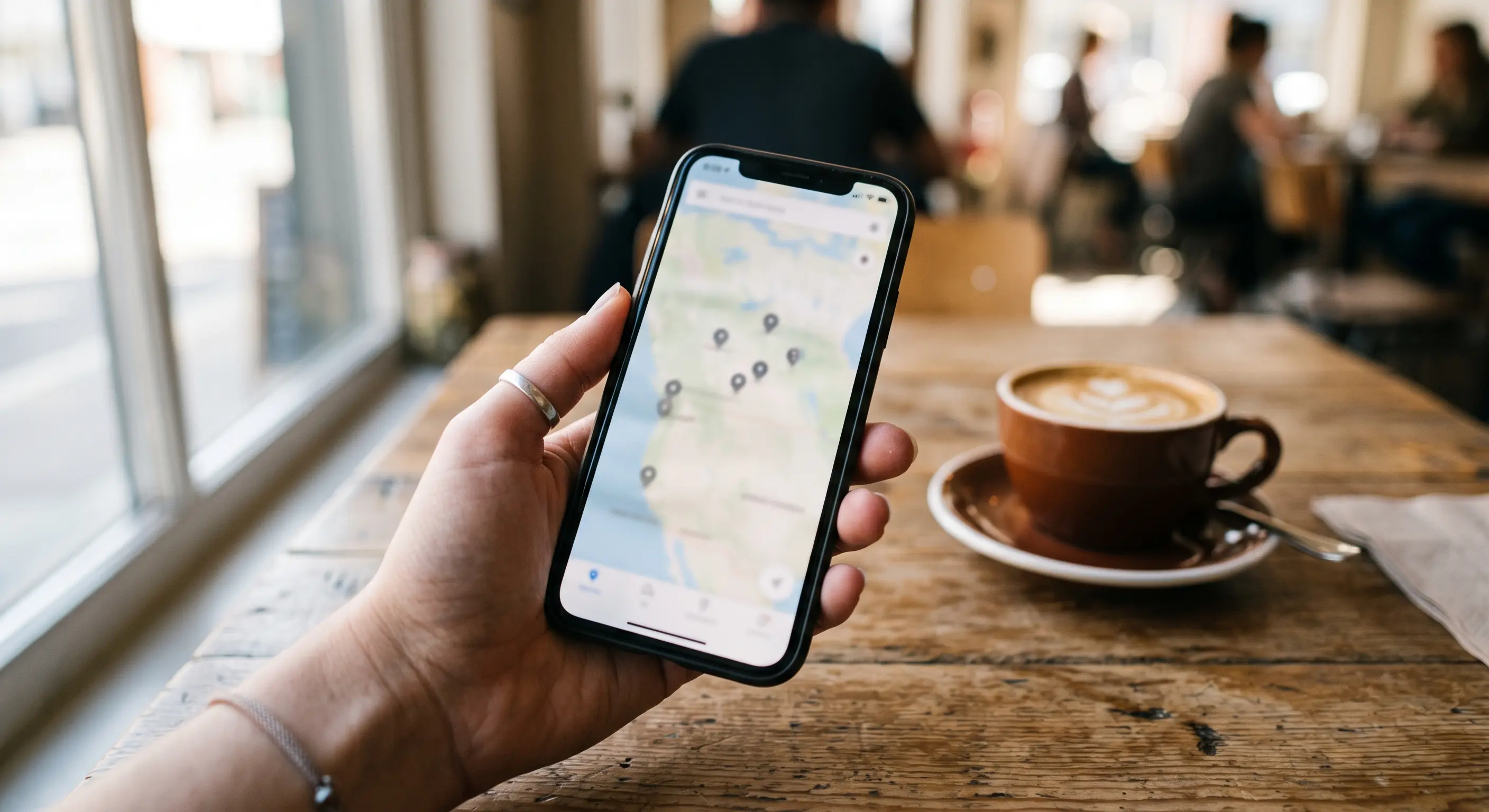 Ekran smartfona z wynikami Google Maps pokazującymi trzy firmy w Local Pack z gwiazdkami i adresami